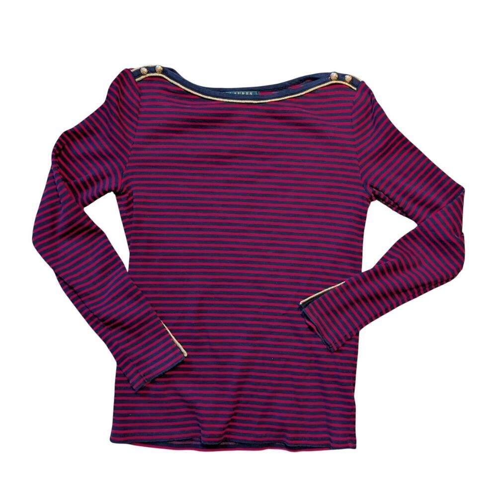 Lauren Ralph Lauren Striped Boatneck Top Women M Red Navy Gold Button Knit Shirt